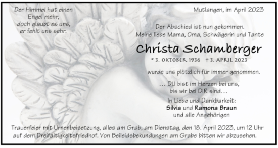 Todesanzeige von Christa Schamberger von trauer.de