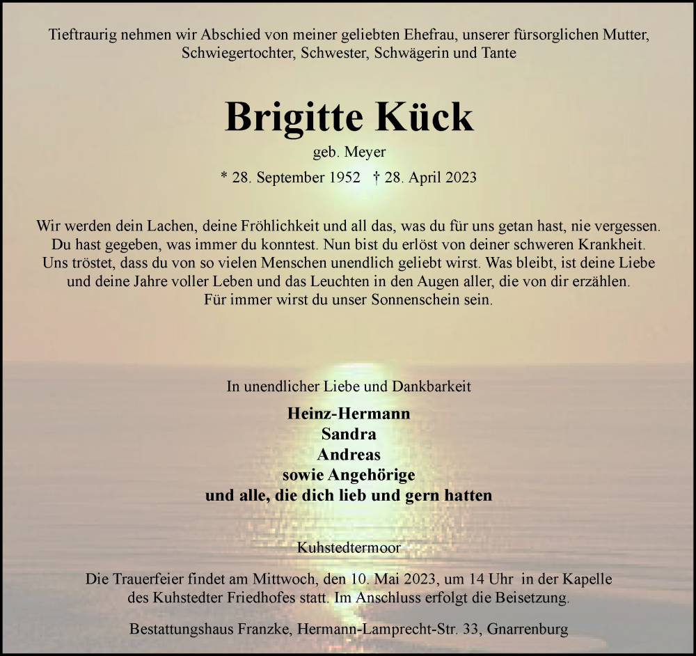  Traueranzeige für Brigitte Kück vom 04.05.2023 aus trauer.de