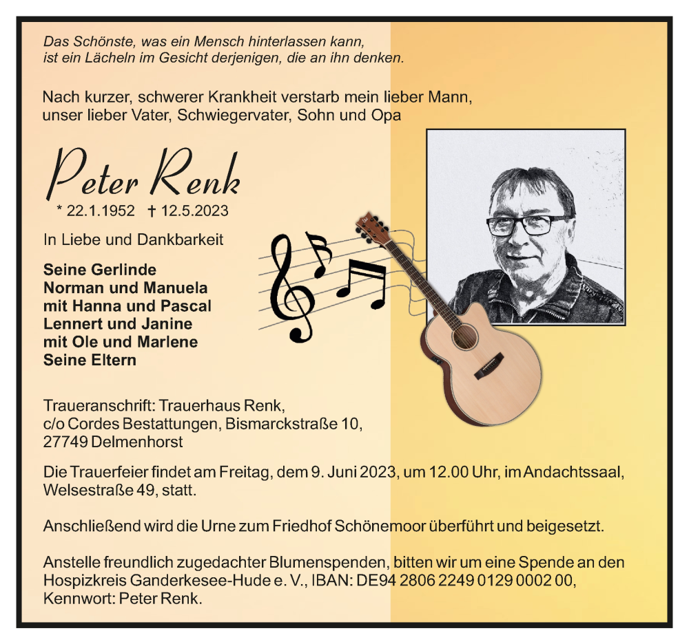  Traueranzeige für Peter Renk vom 27.05.2023 aus Trauer.de