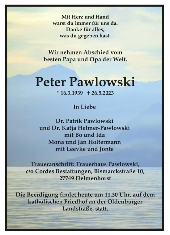 Todesanzeige von Peter Pawlowski von trauer.de
