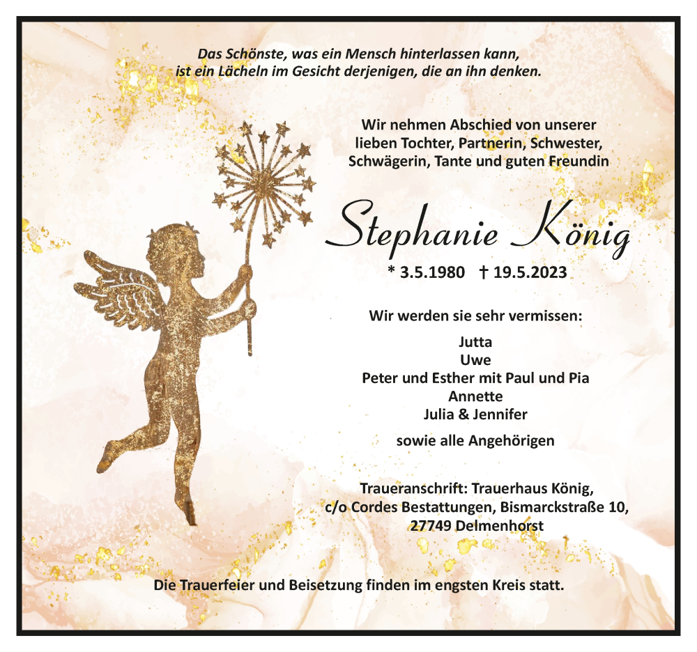  Traueranzeige für Stephanie König vom 27.05.2023 aus Trauer.de