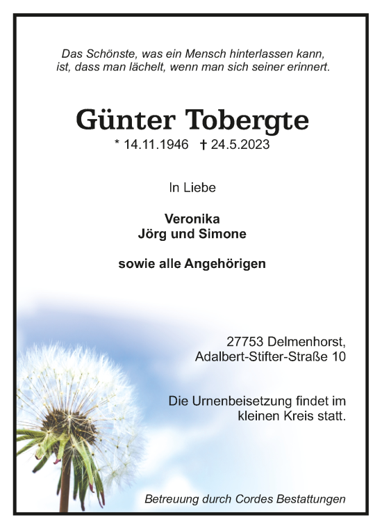 Todesanzeige von Günter Tobergte von Trauer.de