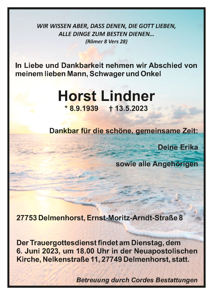 Traueranzeige für Horst Lindner vom 27.05.2023 aus Trauer.de