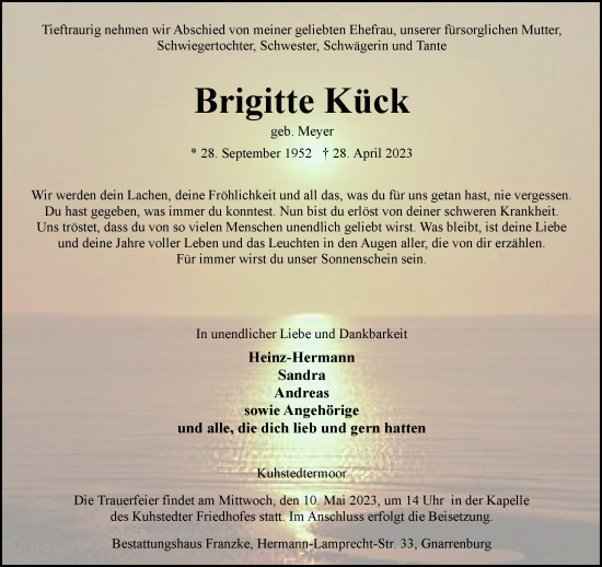 Todesanzeige von Brigitte Kück von trauer.de