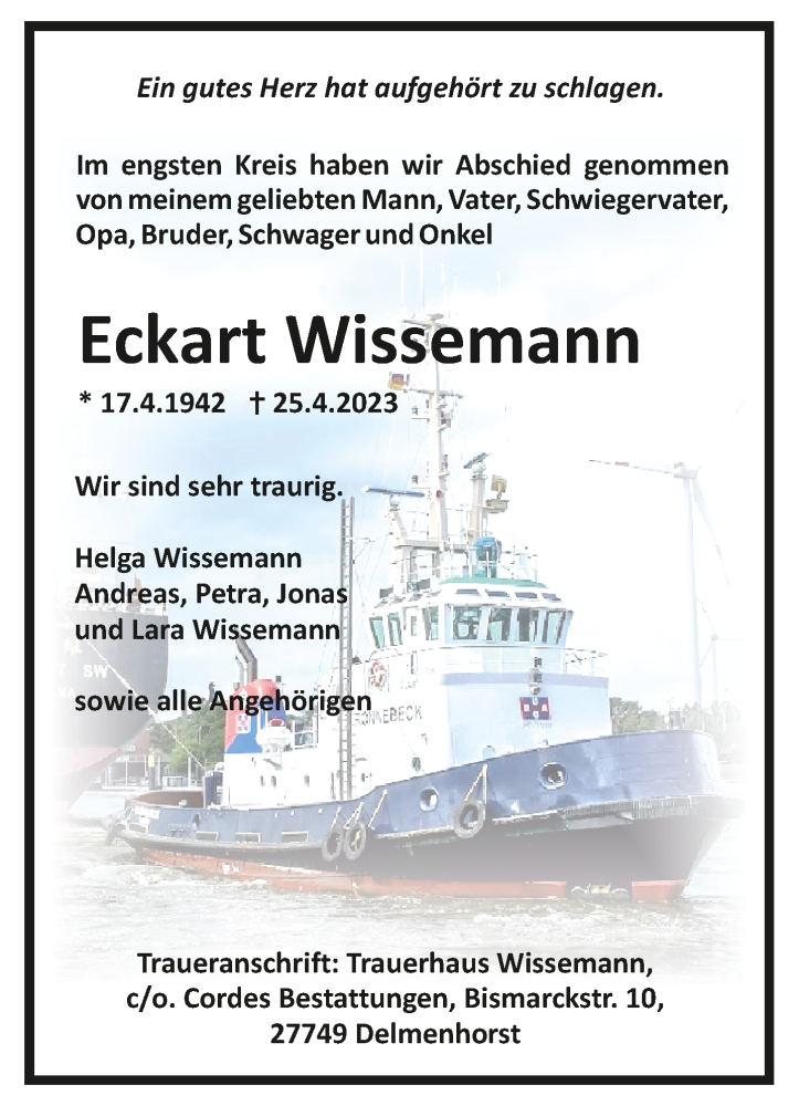  Traueranzeige für Eckart Wissemann vom 27.05.2023 aus Trauer.de