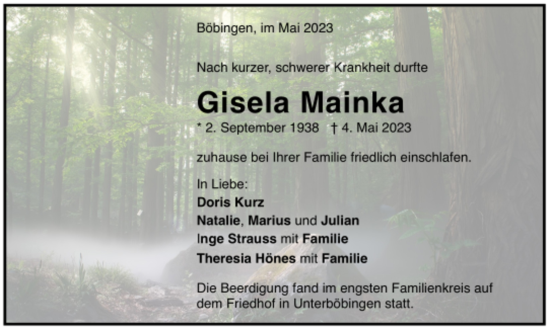Todesanzeige von Gisela Mainka von trauer.de