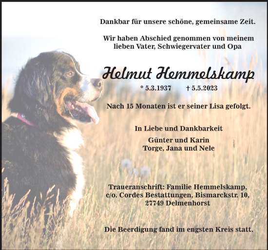 Todesanzeige von Helmut Hemmelskamp von Trauer.de