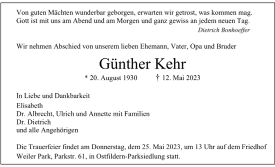 Todesanzeige von Günther Kehr von trauer.de