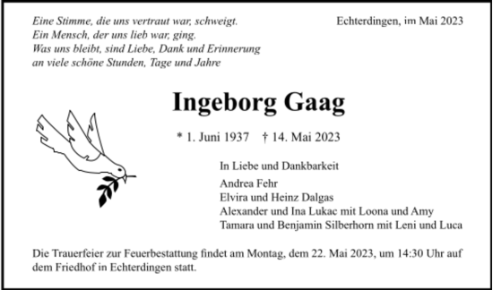 Todesanzeige von Ingeborg Gaag von Trauer.de
