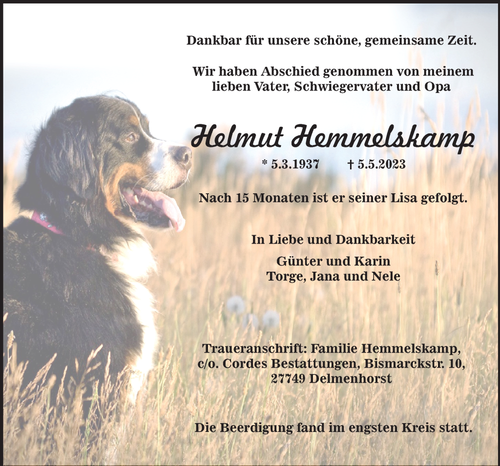  Traueranzeige für Helmut Hemmelskamp vom 13.05.2023 aus Trauer.de