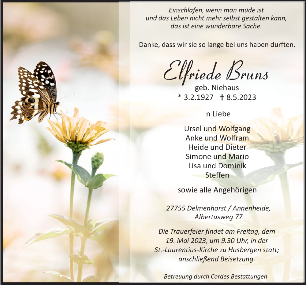  Traueranzeige für Elfriede Bruns vom 13.05.2023 aus Trauer.de