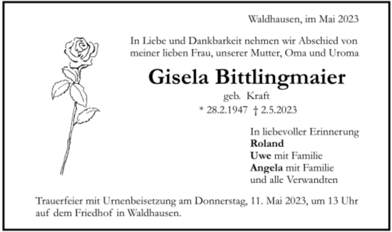Todesanzeige von Gisela Bittlingmaier von trauer.de