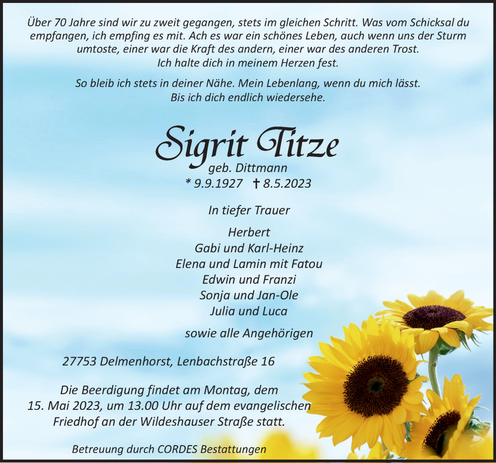  Traueranzeige für Sigrit Titze vom 13.05.2023 aus Trauer.de