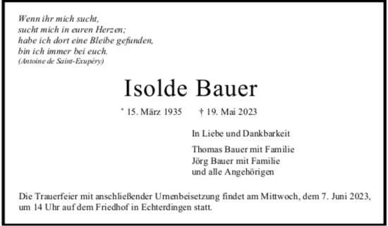 Todesanzeige von Isolde Bauer von trauer.de
