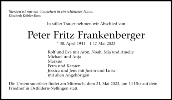 Todesanzeige von Peter Fritz Frankenberger von trauer.de
