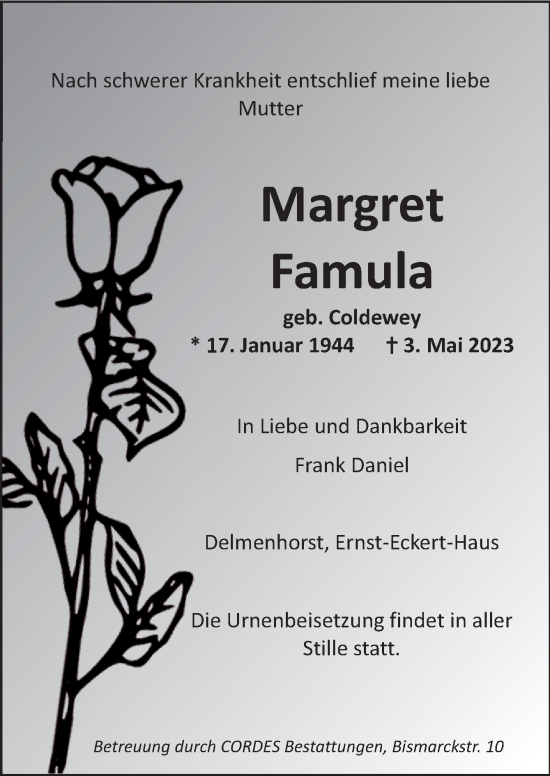 Todesanzeige von Margret Famula von trauer.de