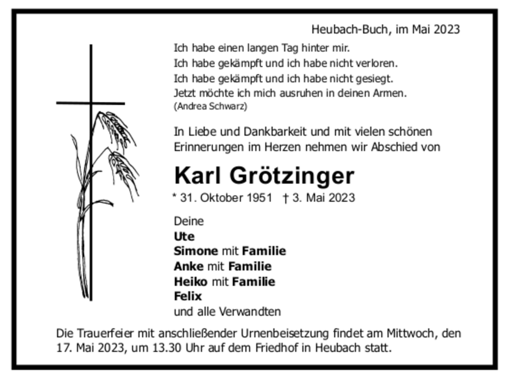 Traueranzeigen von Karl Grötzinger Trauer.de