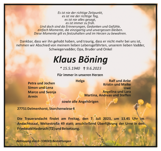 Todesanzeige von Klaus Böning von trauer.de