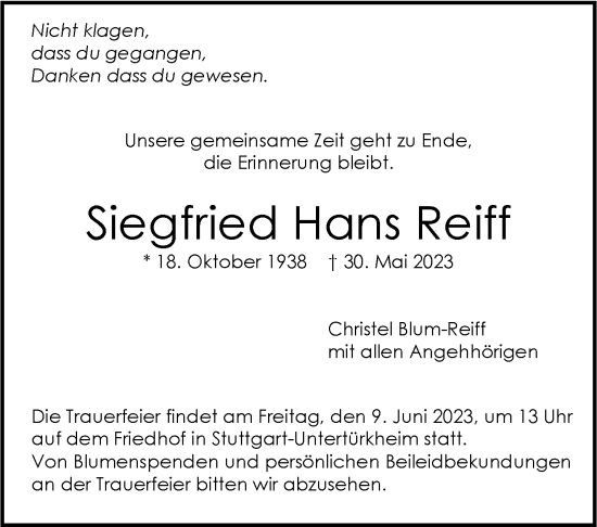 Todesanzeige von Siegfried Hans Reiff von trauer.de