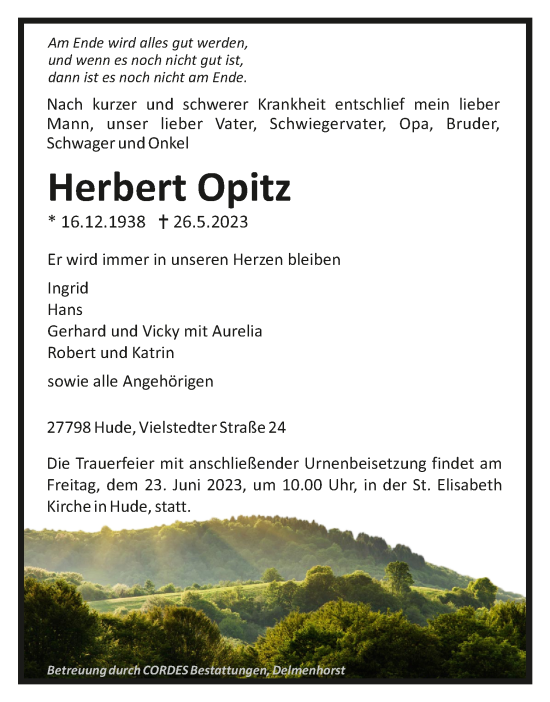 Todesanzeige von Herbert Opitz von trauer.de