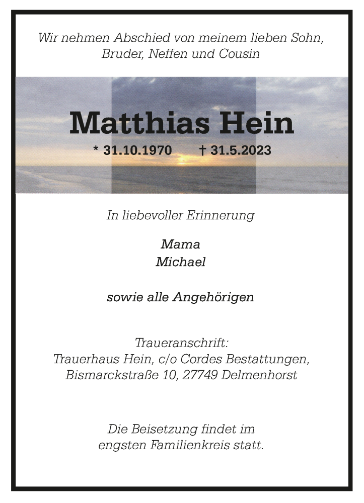  Traueranzeige für Matthias Hein vom 03.06.2023 aus trauer.de