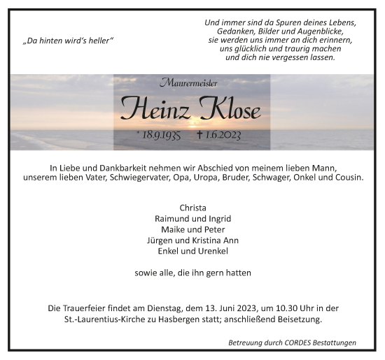 Todesanzeige von Heinz Klose von trauer.de