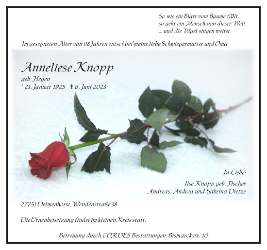 Todesanzeige von Anneliese Knopp von trauer.de