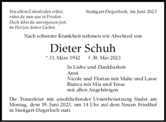 Todesanzeige von Dieter Schuh von trauer.de