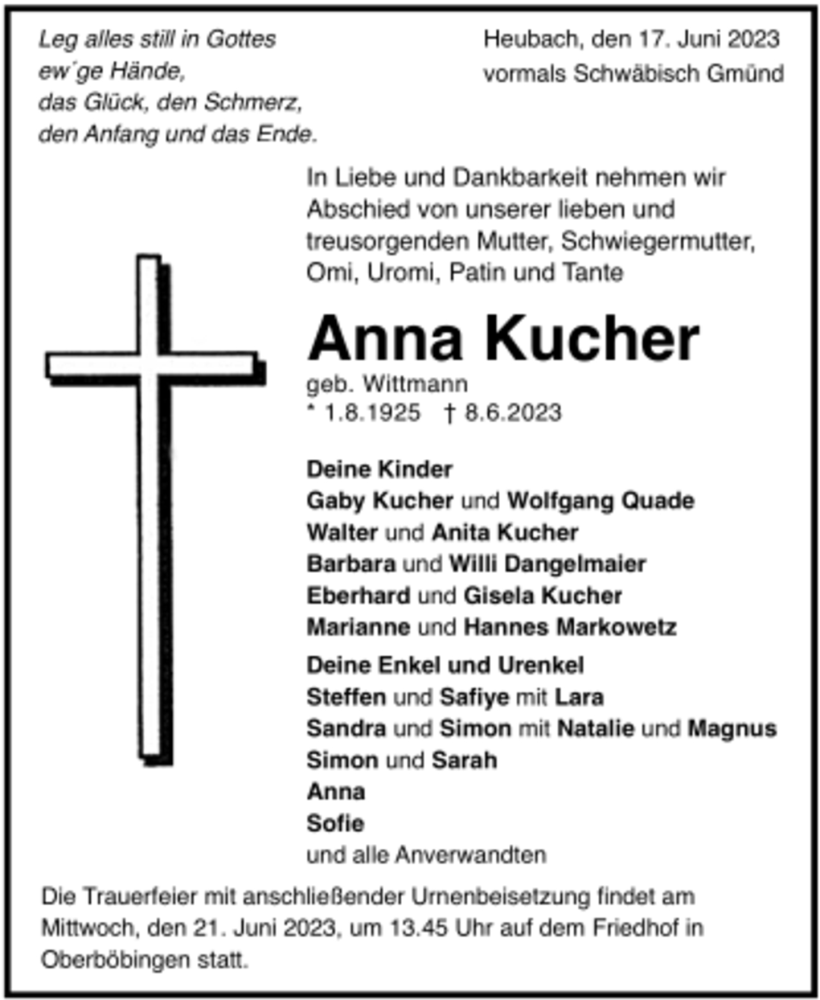  Traueranzeige für Anna Kucher vom 17.06.2023 aus trauer.de
