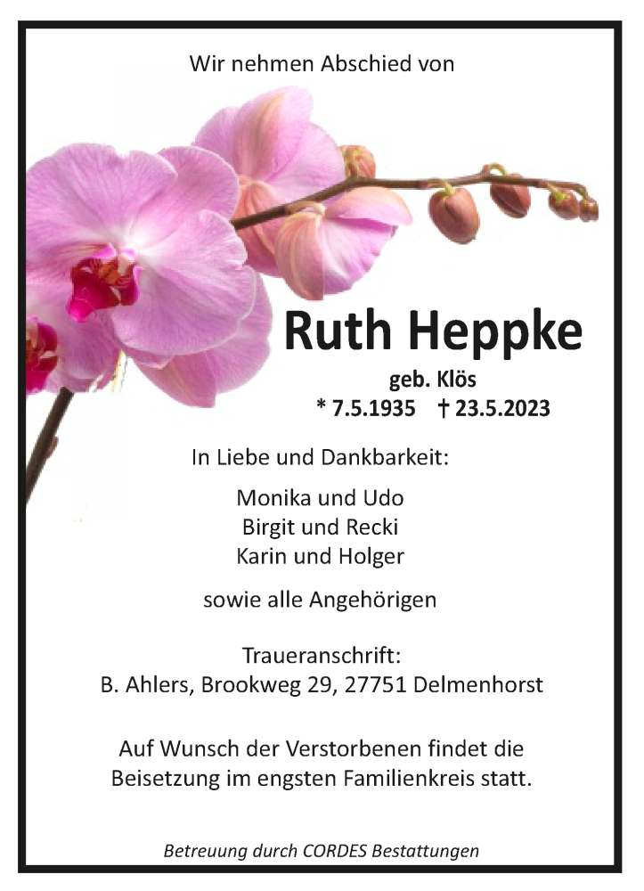  Traueranzeige für Ruth Heppke vom 04.06.2023 aus trauer.de
