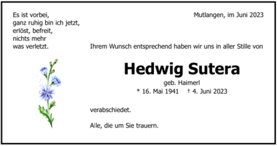 Todesanzeige von Hedwig Sutera von trauer.de