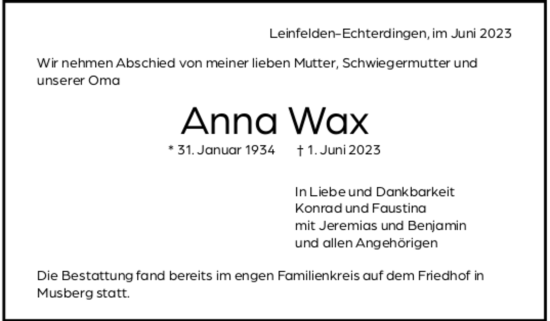 Todesanzeige von Anna Wax von trauer.de
