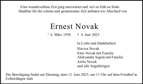 Todesanzeige von Ernest Novak von trauer.de