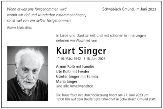 Todesanzeige von Kurt Singer von trauer.de