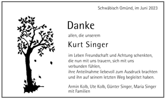Todesanzeige von Kurt Singer von trauer.de