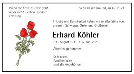 Todesanzeige von Erhard Köhler von trauer.de