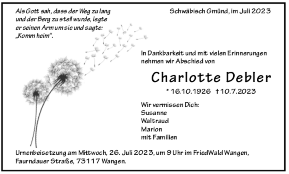  Traueranzeige für Charlotte Debler vom 22.07.2023 aus trauer.de