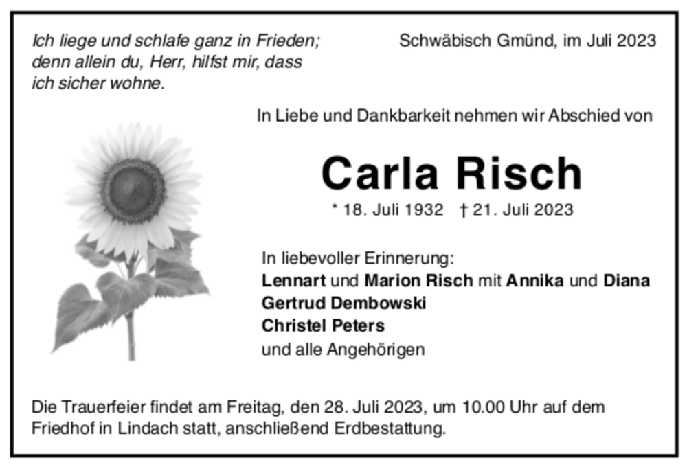  Traueranzeige für Carla Risch vom 26.07.2023 aus trauer.de