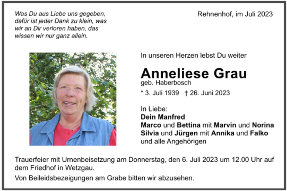  Traueranzeige für Anneliese Grau vom 04.07.2023 aus trauer.de