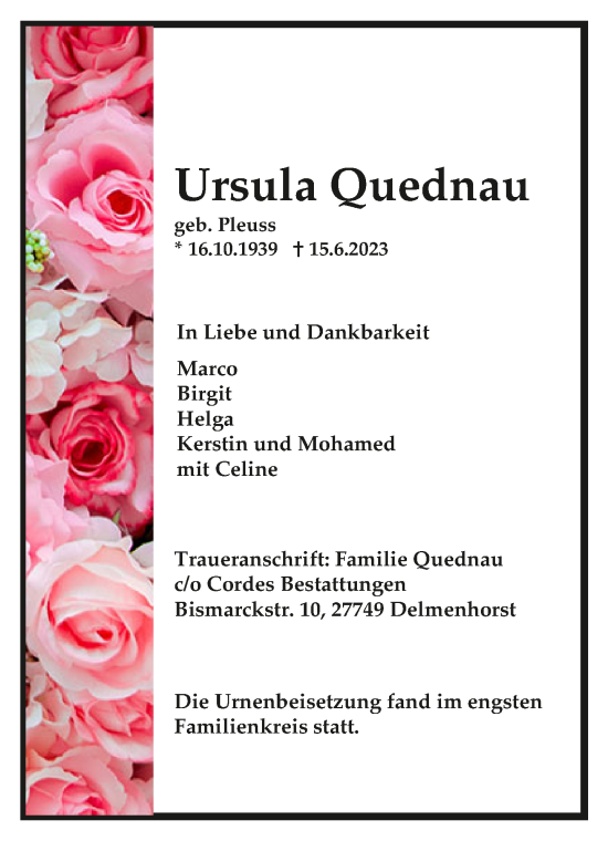 Todesanzeige von Ursula Quednau von trauer.de