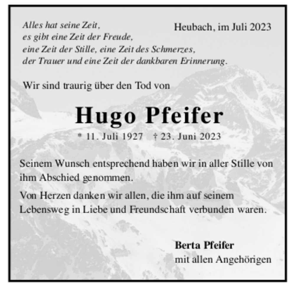  Traueranzeige für Hugo Pfeifer vom 08.07.2023 aus Trauer.de