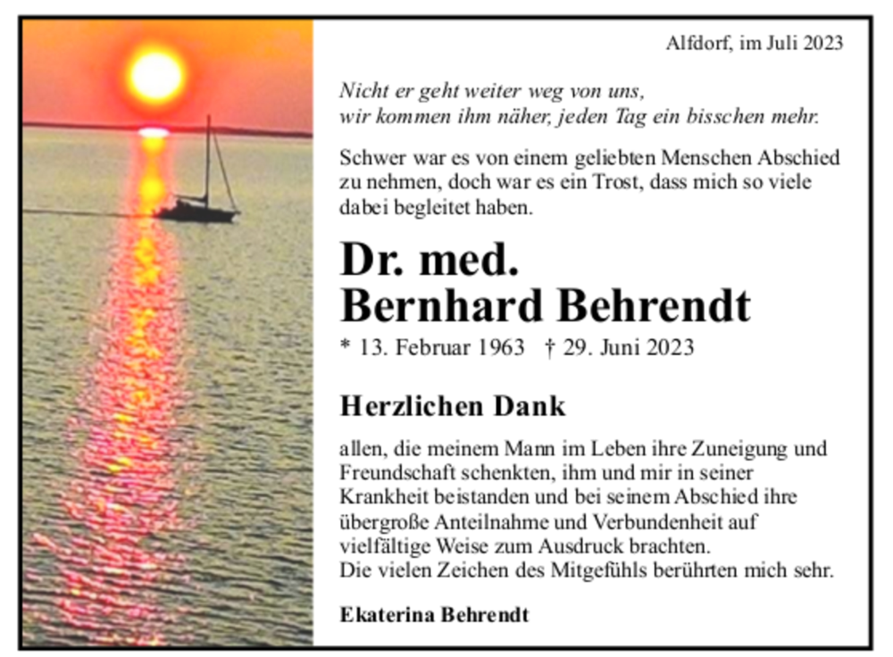  Traueranzeige für Bernhard Behrendt vom 22.07.2023 aus trauer.de
