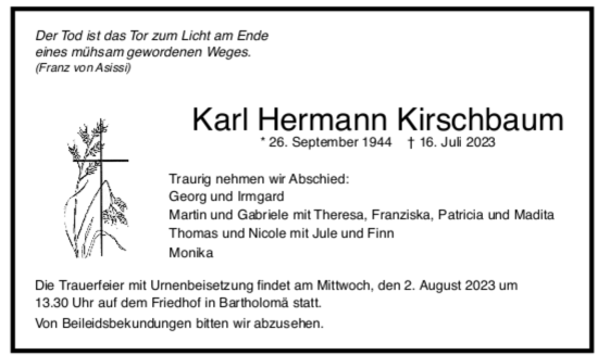 Todesanzeige von Karl Hermann Kirschbaum von trauer.de