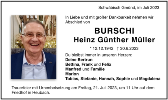 Todesanzeige von Heinz Günther Müller von trauer.de