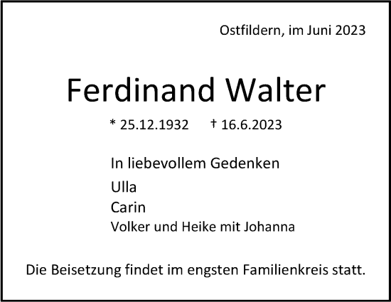 Todesanzeige von Ferdinand Walter von trauer.de