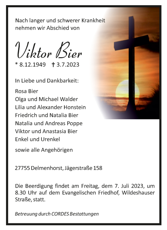 Todesanzeige von Viktor Bier von Trauer.de