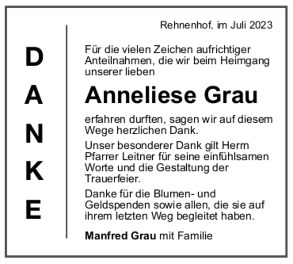  Traueranzeige für Anneliese Grau vom 15.07.2023 aus Trauer.de
