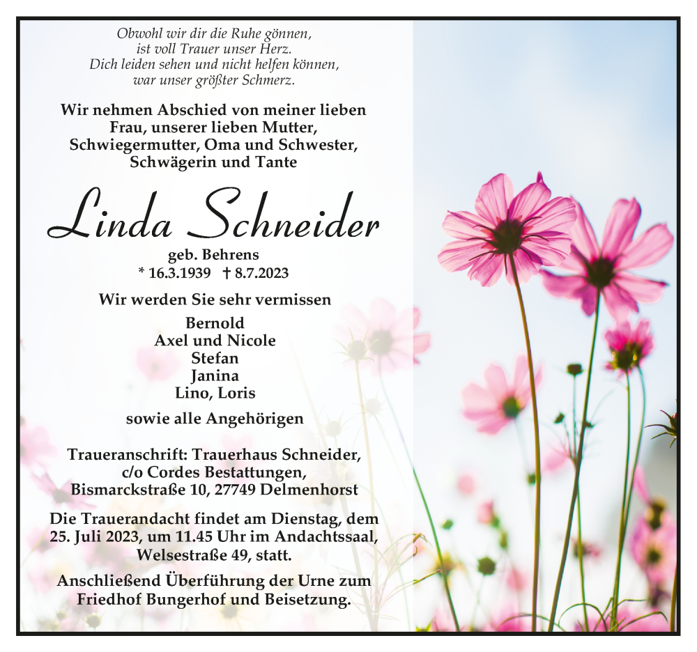  Traueranzeige für Linda Schneider vom 22.07.2023 aus trauer.de