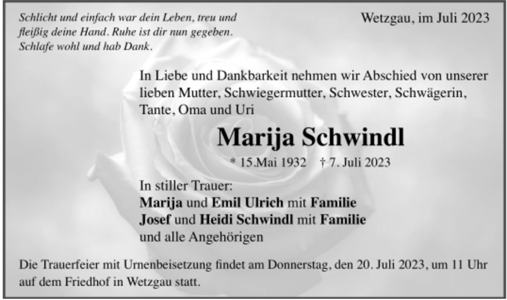  Traueranzeige für Marija Schwindl vom 18.07.2023 aus trauer.de