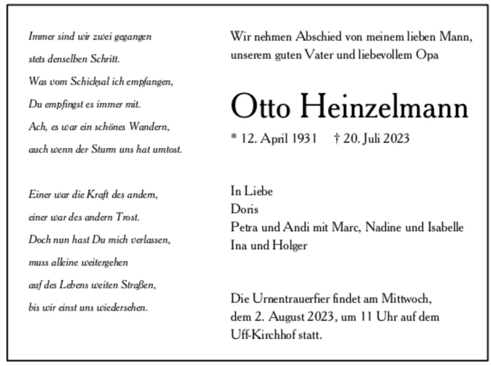  Traueranzeige für Otto Heinzelmann vom 29.07.2023 aus trauer.de